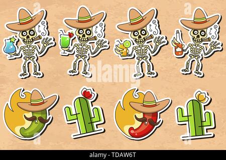 Cultura messicana Sticker illustrazione vettoriale su sfondo Vintage Illustrazione Vettoriale