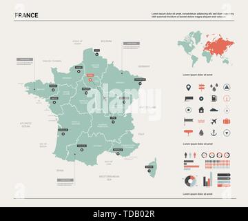Mappa vettoriale della Francia. Mappa del paese con la divisione, la città e la capitale Parigi. Mappa politico, mappa del mondo, elementi infografico. Illustrazione Vettoriale