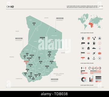 Mappa vettoriale del Ciad. Mappa del paese con la divisione, città e capitale N Djamena. Mappa politico, mappa del mondo, elementi infografico. Illustrazione Vettoriale