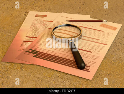 Lente di ingrandimento e matita. Importante fogli. Abbandonati e dimenticati i documenti. Top Secret Files Foto Stock
