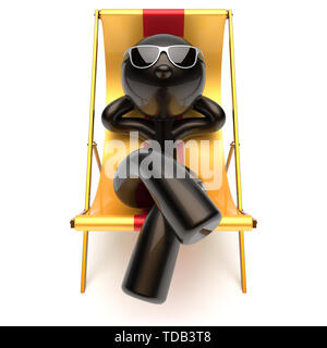 L'uomo rilassante spiaggia di refrigerazione sedia a sdraio carefree scottature occhiali da sole il comfort estivo cartoon stilizzato carattere nero sdraio chaise lounge tourist p Foto Stock