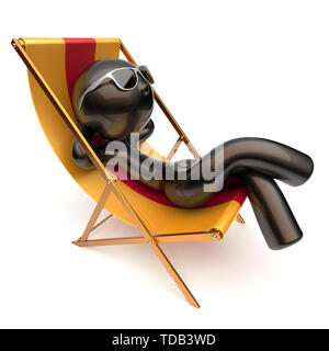 Uomo stilizzato di refrigerazione rilassante spiaggia spensierato sedia a sdraio occhiali da sole esterna di estate comfort cartoon carattere nero sdraio chaise lounge sunbathin Foto Stock