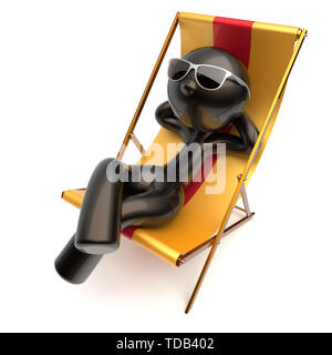 Uomo di spensierata spiaggia sdraio relax di refrigerazione occhiali da sole stilizzato estate all'aperto comfort cartoon carattere nero sdraio chaise lounge sunbathin Foto Stock
