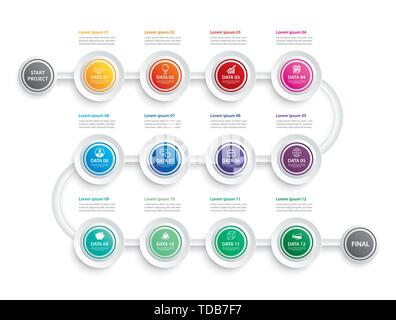 Una infografica timeline 1 anno o mese 12 modello di dati il concetto di business frecce.vettore può essere utilizzato per il layout di flusso di lavoro, diagramma, numero step up opzioni, Illustrazione Vettoriale