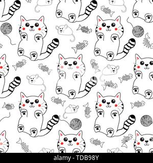 Carino stile kawaii disegnati a mano i gattini seamless pattern sfondo. Illustrazione Vettoriale