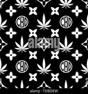 La marijuana seamless pattern. Bianco su nero vettore di erbaccia sfondo. Cannabis leaf. Sfondo piastrelle. Illustrazione Vettoriale. Per il web, confezionamento, imballaggio, Illustrazione Vettoriale