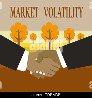La scrittura della nota mostra la volatilità del mercato. Il concetto di business per titoli sottostanti i prezzi fluttuano sullo stato di stabilità della mano e multirazziale Busi maschio Foto Stock