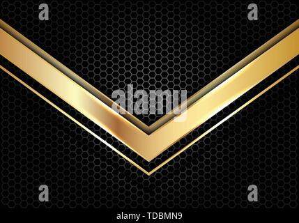 Oro astratta nella direzione della freccia sul grigio scuro cerchio mesh design moderno lusso futuristico vettore sfondo immagine. Illustrazione Vettoriale