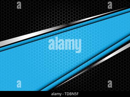 Abstract blue silver line banner su nero maglia esagonale pattern design moderno sfondo futuristico illustrazione vettoriale. Illustrazione Vettoriale