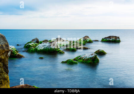 Pietre ricoperto con moss in un mare in un giorno di estate, seascape. Foto Stock