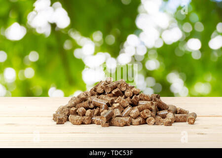 Pellet di legno su uno sfondo verde. I biocarburanti. Foto Stock