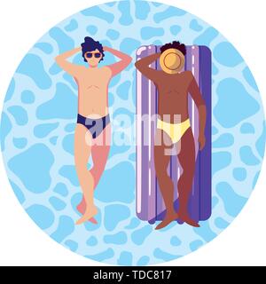 Interracial uomini con il costume da bagno e materasso galleggiante in acqua illustrazione vettoriale design Illustrazione Vettoriale