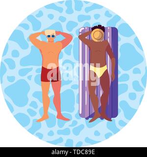 Interracial uomini con il costume da bagno e materasso galleggiante in acqua illustrazione vettoriale design Illustrazione Vettoriale