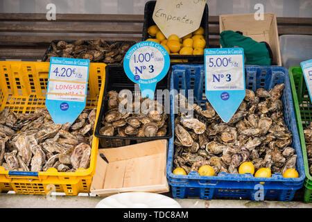 Le ostriche di Cancale grado n. 3 in offerta ai clienti in stallo sul lungomare, Cancale, Brittany, Francia Foto Stock