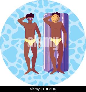 Afro uomini con il costume da bagno e materasso galleggiante in acqua illustrazione vettoriale design Illustrazione Vettoriale