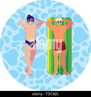 Giovani uomini con il costume da bagno e materasso galleggiante in acqua illustrazione vettoriale design Illustrazione Vettoriale