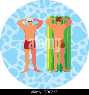 Giovani uomini con il costume da bagno e materasso galleggiante in acqua illustrazione vettoriale design Illustrazione Vettoriale