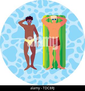 Interracial uomini con il costume da bagno e materasso galleggiante in acqua illustrazione vettoriale design Illustrazione Vettoriale