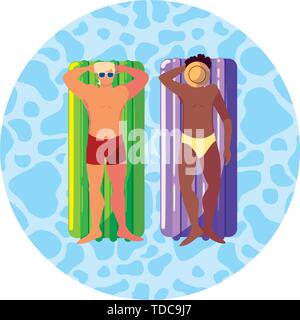 Interracial uomini con il costume da bagno e materasso galleggiante in acqua illustrazione vettoriale design Illustrazione Vettoriale