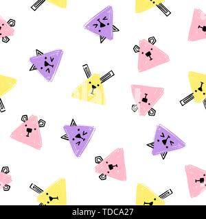 Kawaii triangolo animali Seamless pattern. Vettore di disegnare a mano sfondo con le facce di gatti, cani e conigli. Infinite matita di sfondo Texture di t Illustrazione Vettoriale