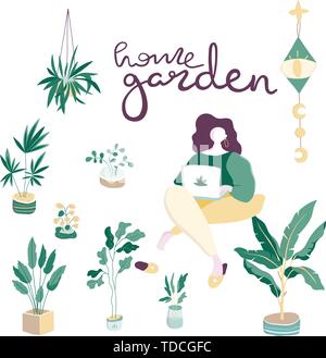 Home interno, serra con piante in vaso l uomo e la donna con un hobby. Maschio per la cura houseplants e donna libro seduti su una sedia in camera Illustrazione Vettoriale