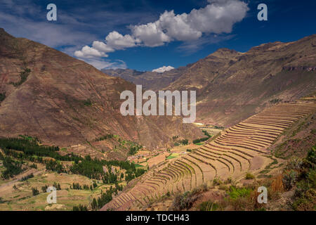 Campi terrazzati in Inca area archeologica di Pisac nella Valle Sacra nei pressi della città di Cusco in Perù. Terrazzamenti agricoli Sulla ripida collina. Foto Stock