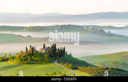 Siena, Italia - 02 Maggio, 2019: un paesaggio iconico in Val d'Orcia, Toscana, in primavera a sunrise. Foto Stock