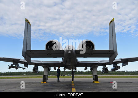 Un U.S. Airman assegnato al cinquantunesimo Manutenzione aeromobili squadrone esegue la fase di pre-flight ispezioni su un venticinquesimo Fighter Squadron A-10 Thunderbolt II durante la bandiera rossa-Alaska 19-2 a Eielson Air Force Base in Alaska, 10 giugno 2019. RF-A è una serie di Pacific Air Forces commander-campo diretto in esercizi di formazione che fornisce l'offensiva congiunta contro-aria, interdizione aria vicino il supporto e la grande forza della formazione professionale in un combattimento simulato l'ambiente. La cinquantunesima AMXS e venticinquesimo FS sono da Osan Air Base, Repubblica di Corea. (U.S. Air Force photo by Staff Sgt. Sergio A. Gamboa) Foto Stock