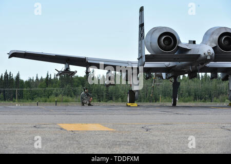 Un U.S. Airman assegnato al cinquantunesimo Manutenzione aeromobili squadrone, Osan Air Base, Repubblica di Corea, attende per eseguire il marshalling di un venticinquesimo Fighter Squadron A-10 Thunderbolt II durante la bandiera rossa-Alaska (RF-A) 19-2 a Eielson Air Force Base in Alaska, 10 giugno 2019. RF-Un serve come una piattaforma ideale per l'impegno con le forze straniere come l'esercizio ha una lunga storia di inclusione di alleati e partner, consentendo in ultima analisi tutti coinvolti per lo scambio di tattiche, le tecniche e le procedure migliorando al contempo l'interoperabilità. (U.S. Air Force foto di Senior Airman Eric M. Fisher) Foto Stock