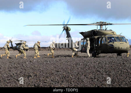 Hawaii Esercito Nazionale soldati di guardia dal 1° Battaglione, 299i reggimento di cavalleria, Alfa, Bravo e Charlie Company, partecipare a un assalto dell'aria esercizio con il primo battaglione, 207th reggimento di aviazione durante la formazione annuale al Pohakuloa Area Formazione, Hawaii, 11 giugno 2019. I soldati conducono operazioni di combattimento di formazione per diverse settimane durante la loro formazione annuale a PTA. (U.S. Esercito nazionale Guard foto di Sgt. Matteo A. Foster) Foto Stock