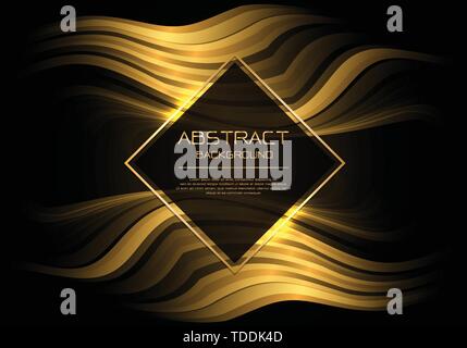 Vettore di astratta luxury gold linea curva wave in nero con il simbolo del diamante banner telaio bianco template design moderno illustrazione dello sfondo. Illustrazione Vettoriale