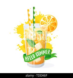 Ciao estate! Orange cocktail in vetro. Illustrazione di vettore isolato su sfondo bianco. Banner moderna con una bibita rinfrescante, nastro e spruzzi di succo Illustrazione Vettoriale