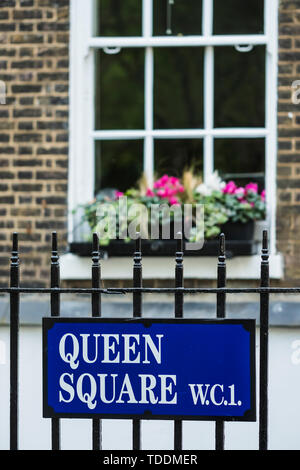 Queen Square strada segno, Bloomsbury, London, England, Regno Unito Foto Stock