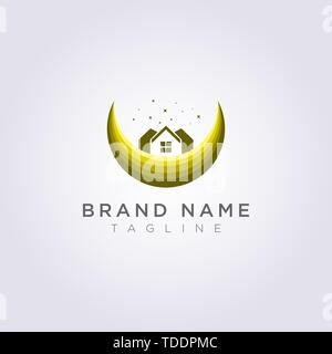 La progettazione di un logo di casa sulla luna con stelle per la tua azienda o il tuo marchio. Illustrazione Vettoriale