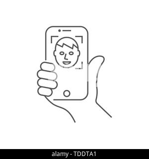 Mano che tiene lo smartphone in posizione verticale. Self-portrait immagine o di riconoscimento facciale. Illustrazione Vettoriale. Corsa modificabile. EPS 10. Illustrazione Vettoriale
