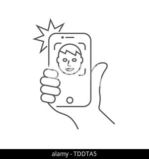 La mano tenere lo smartphone e facendo selfie. Foto sullo smartphone. Corsa modificabile. EPS 10 Illustrazione Vettoriale