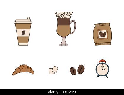 Caffè set di icone. Illustrazione Vettoriale. Doodle del disegno a mano Illustrazione Vettoriale