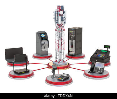 Torre mobile con trading, banche ed uffici attrezzatura concetto. 3D rendering isolati su sfondo bianco Foto Stock