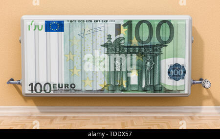 Concetto di risparmio energetico. Il radiatore di riscaldamento euro bill texture. Il rendering 3D Foto Stock