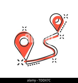 Distanza icona pin in stile fumetto. La navigazione gps vettore illustrazione cartoon bianco su sfondo isolato. Comunicazione business viaggi concetto splas Illustrazione Vettoriale