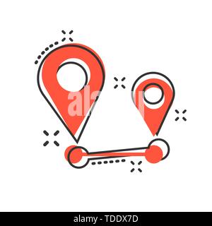 Distanza icona pin in stile fumetto. La navigazione gps vettore illustrazione cartoon bianco su sfondo isolato. Comunicazione business viaggi concetto splas Illustrazione Vettoriale