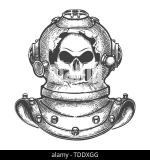 Cranio umano in rotture di immersioni subacquee casco isolato su bianco. Illustrazione Vettoriale. Illustrazione Vettoriale