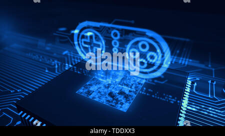 Ologramma Gamepad su cpu di lavoro in background. Avveniristico circuito stampato 3d'illustrazione. Concetto di creazione e codifica di gioco, video e giochi online Foto Stock