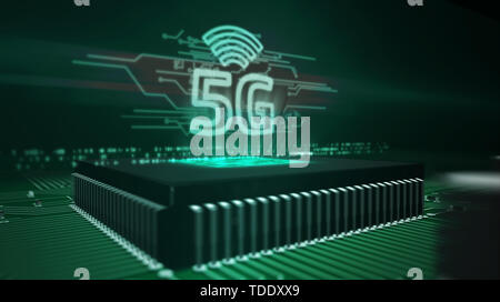 5G ologramma sulla CPU di lavoro su una scheda di circuito in background. 5G, nuova tecnologia, la comunicazione e la trasmissione in streaming e internet mobile concept 3d Foto Stock