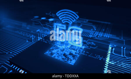 5G ologramma sulla CPU di lavoro su una scheda di circuito in background. 5G, nuova tecnologia, la comunicazione e la trasmissione in streaming e internet mobile concept 3d Foto Stock