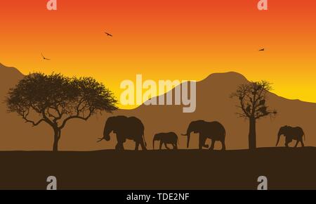 Illustrazione realistica del paesaggio africano con safari, alberi e famiglia di elefanti sotto il cielo arancione con RISING SUN. Le montagne con uccelli in volo i Illustrazione Vettoriale