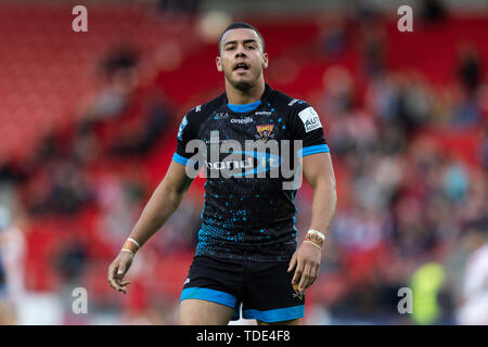 14h Giugno 2019 , totalmente Wicked Stadium, St Helens, Inghilterra; Betfred Super League, rotonda 18, St Helens vs Huddersfield Giants Darnell Mcintosh (1) di Huddersfield Giants Credito: Richard Long/news immagini Foto Stock