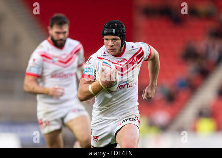 14h Giugno 2019 , totalmente Wicked Stadium, St Helens, Inghilterra; Betfred Super League, rotonda 18, St Helens vs Huddersfield giganti, Jonny Lomax di St Helens Credito: Richard Long/news immagini Foto Stock