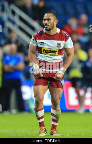 14 giugno 2019 , Headingley Carnegie Stadium, Inghilterra; Betfred Super League, rotonda 18, Leeds Rhinos Vs Wigan Warriors ; Thomas Leuluai (7) di Wigan Warriors durante il gioco Credito: Mark Cosgrove/news immagini Foto Stock