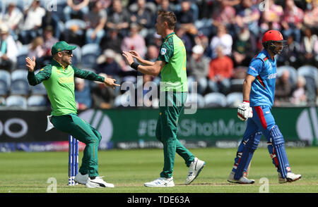 Sud Africa Chris Morris celebra tenendo il paletto dell'Afghanistan Rahmat Shah con Faf du Plessis durante l'ICC Cricket World Cup group stage corrispondono a Cardiff Galles Stadium di Cardiff. Foto Stock